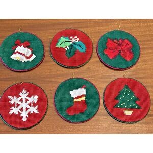 Canvas Plastic Christmas Tree Hanging Ornament Needlepoint Handmade Set Of 3